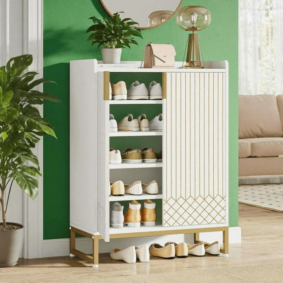 5-Tier Shoe Cabinet - White with Gold Accents, 20-25 Pair Capacity, Slim Vertical Design, MDF & Steel Legs, Modern Minimalist for Entryway/Hallway