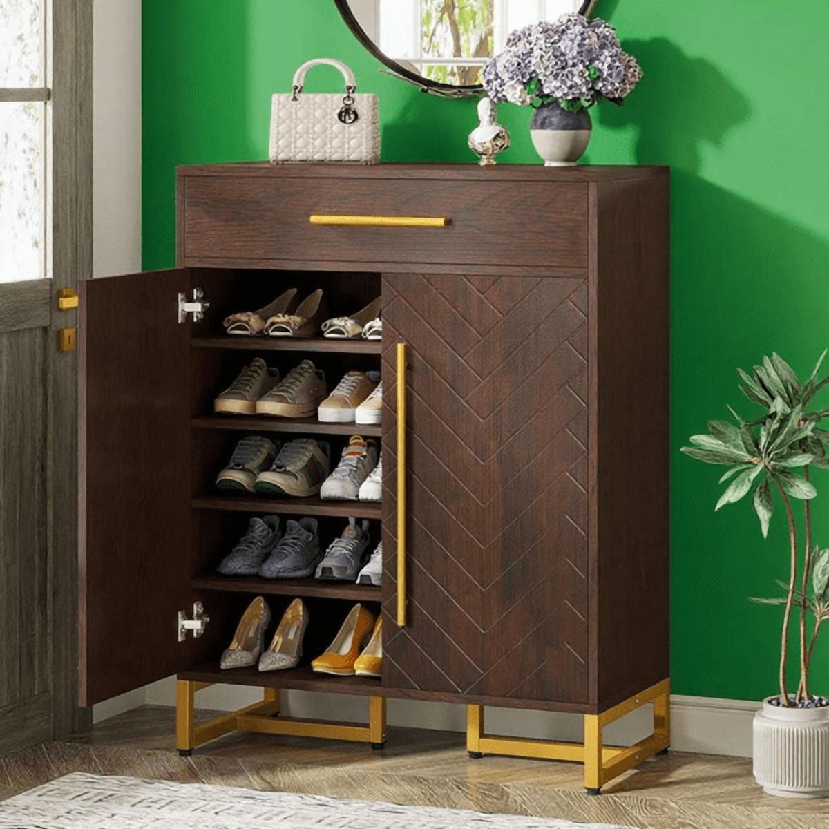5-Tier Shoe Cabinet with Drawer - 20-Pair Capacity, Adjustable Shelves, Walnut Finish with Gold Accents, for Entryway/Living Room