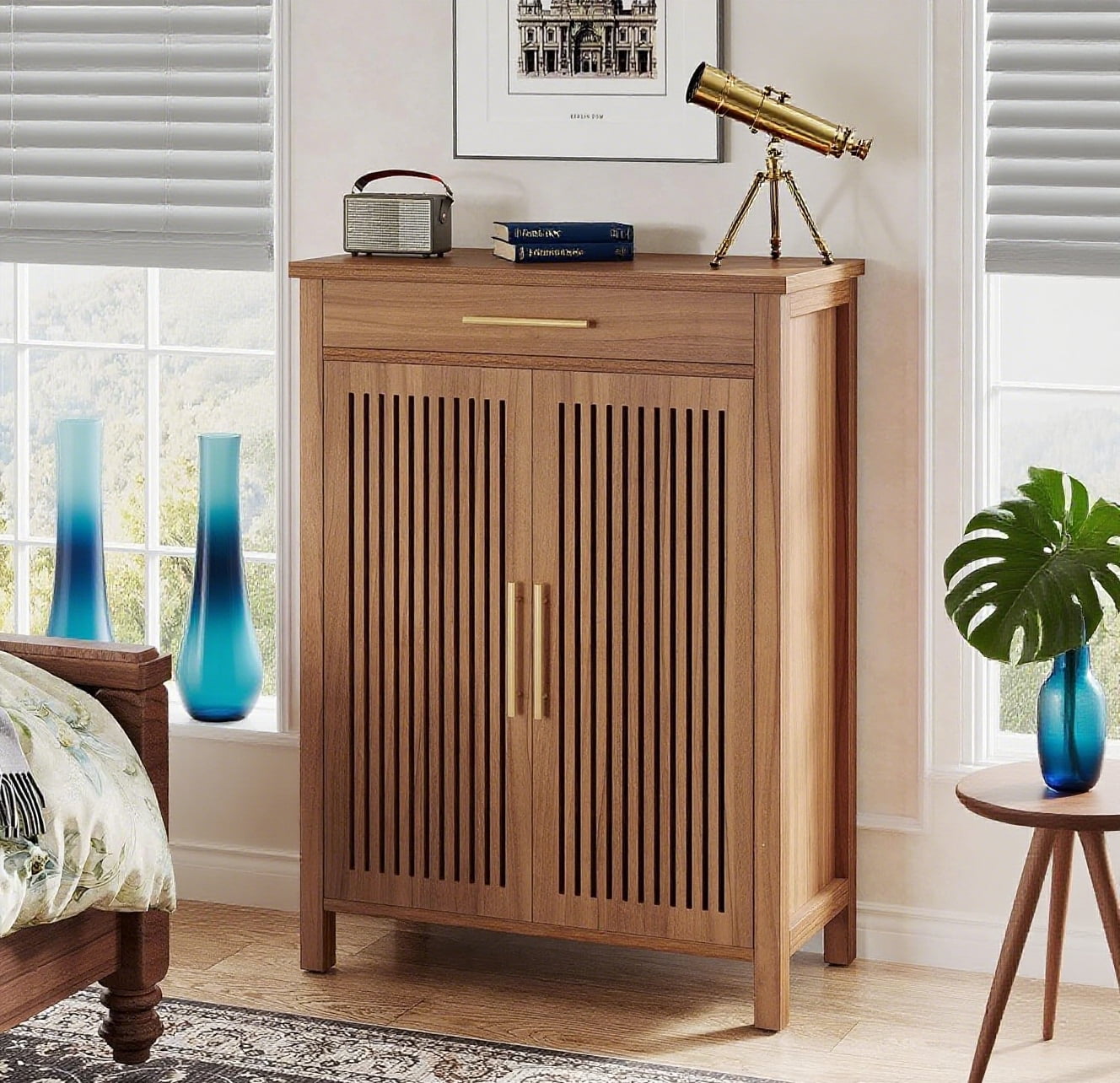5-Tier Shoe Cabinet with Louvered Doors & Drawer, Freestanding Wooden Shoe Rack Organizer with Adjustable Shelves for Entryway, Hallway, Closet