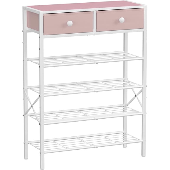 5 Tier Shoe Organizer with 2 Non-Woven Drawers, Metal Storage Shoe Shelf for 16-20 Pairs of Shoes, with Wooden Top and Steel Frame