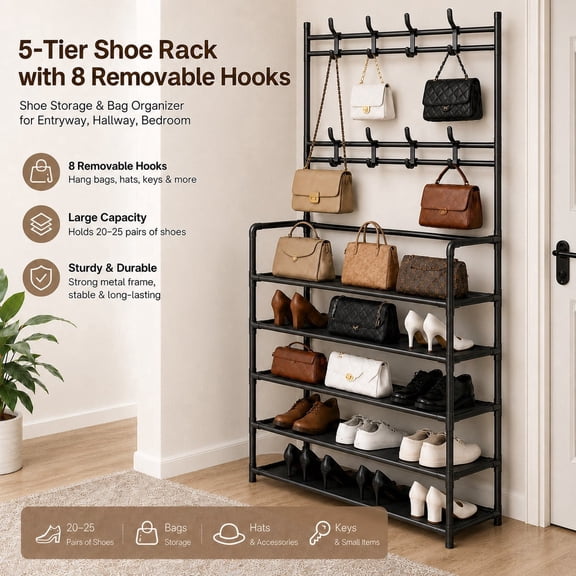 5-Tier Shoe Rack with 8 Removable Hooks, Large Capacity Shoe Storage Organizer with Fabric Shelves, Metal Entryway Shoe Stand for Shoes, Bags and Accessories, Black