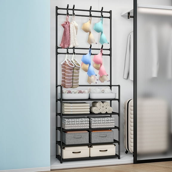 5-Tier Shoe Rack with 8 Hooks, Free Standing Stackable  Shoe Shelf Storage for Sneakers & Boots - Fits Closet, Entryway, Garage, Dorm, Small Spaces