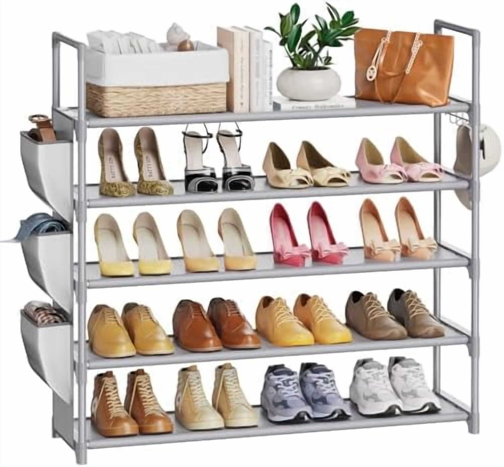Side Way Shoe Rack 5 Tier Shoe Rack with Hook and Side Pocket,Shoe Organizer Space Saver ...