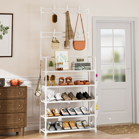 5 Tier Shoe Rack with Hooks and Side Pocket Storage 15-20 Pairs Shoe Rack for Closet Entrance Shoe Rack Organizer Entryway Shoe Holder Space Saving Free Standing Shoe Racks
