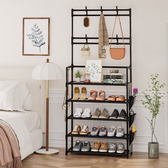 5 Tier Shoe Rack with Hooks and Side Pocket Storage 15-20 Pairs Shoe ...