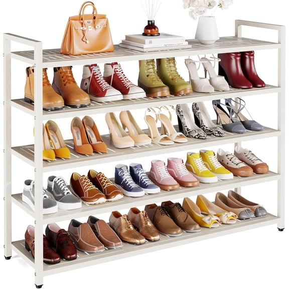 5-Tier Shoe Rack, Large Capacity Metal Free Standing Shoes Rack, Sturdy and Durable Shoe Organizer, Shoe Shelf for Closet, Entryway, Bedroom, for 28-30 Pairs, 42.1" W x 9.8" D x 35.4" H, White