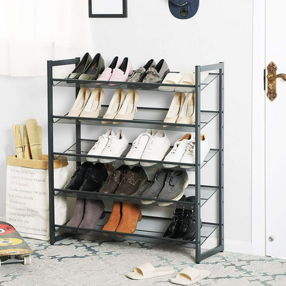 5-Tier Shoe Rack, Metal Shoe Organizer for Garage Entryway with Adjustable Flat or Angled Shelves, Holds 20-25 Pairs, Charcoal Gray