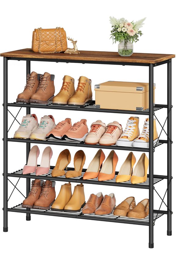 5 Tier Shoe Rack Organizer for 16-20 Pairs of Shoes, Metal Mesh Shoe Shelf for Closet, Industrial Shoe Rack for Entryway Shoe Storage with X Shape Fixed Frame, Rustic Brown & Black