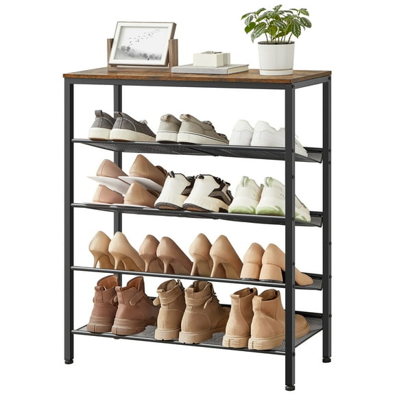 5 Tier Shoe Rack Organizer for Closet Entryway with Storage Shelves and Spacious Top Free Standing Steel Industrial Rustic Brown and Black