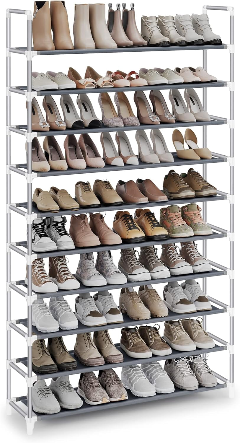 SONGMICS 3-Tier Slim Shoe Rack – Metal Frame, Non-Woven Fabric Shelves, Dove Gray/Black, 38.8”W X 22.8”H