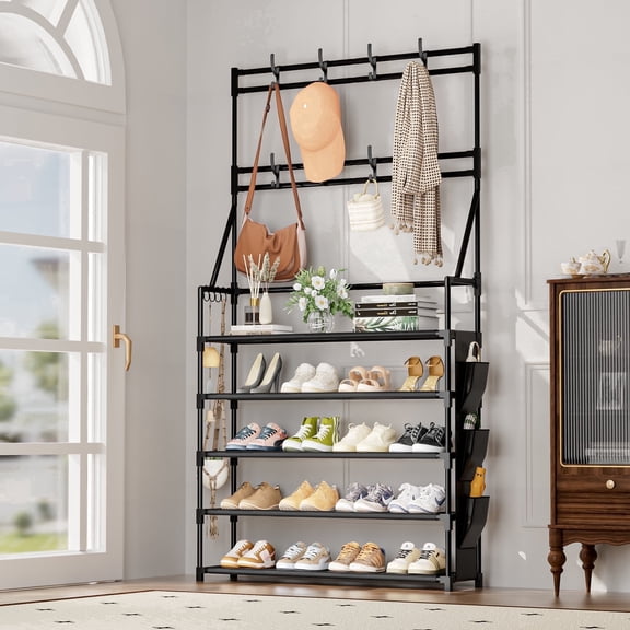 5 Tier Shoe Rack Storage 20-25 Pairs Sturdy Metal Shoes Rack Organizer with Multifunctional Hooks and Side Pocket for Closet Entrance Space Saving Large Capacity