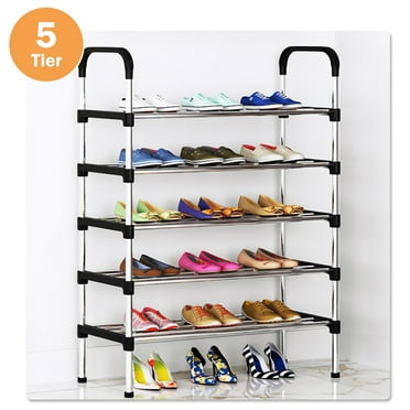 5-Tier Shoe Storage Organizer, Multifunctional Metal Shoe Rack for Entryway, Easy-to-Assemble, Silver and Black