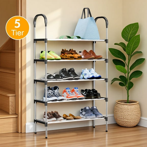 5-Tier Shoe Storage Organizer, Multifunctional Metal Shoe Rack for Entryway, Easy-to-Assemble, Silver and Black