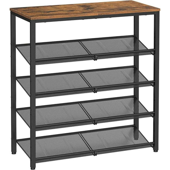 5-Tier Shoe Rack for Entryway, Shoe Storage Organizer for 16-20 Pairs, Wooden Top, Steel Frame - Industrial Honey Brown/Ink Black