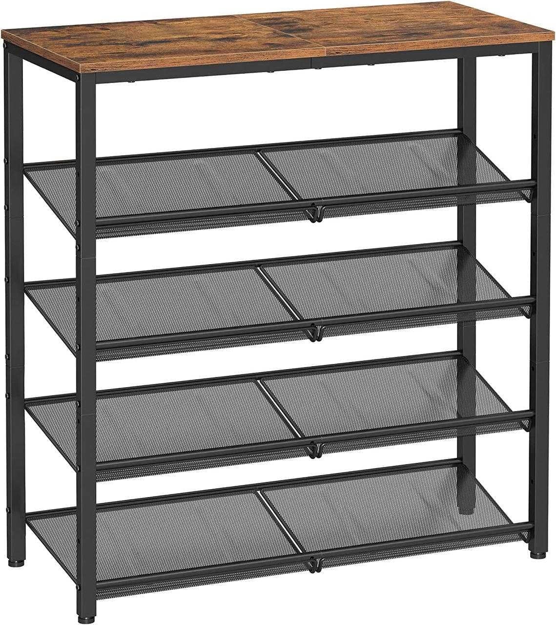 5-Tier Shoe Rack for Entryway, Shoe Storage Organizer for 16-20 Pairs, Wooden Top, Steel Frame - Industrial Honey Brown/Ink Black