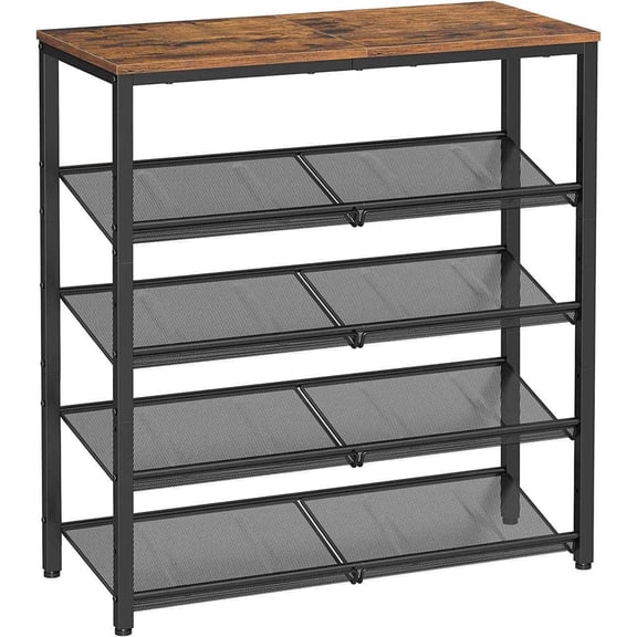 5-Tier Shoe Rack for Entryway, Shoe Storage Organizer for 16-20 Pairs, Wooden Top, Steel Frame - Industrial Honey Brown/Ink Black