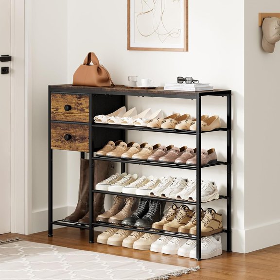 5-Tier Shoe Rack with 2 Fabric Drawers, Metal Frame and Wooden Board Shoe Organizer for 16-20 Pairs of Shoes, Rustic Brown