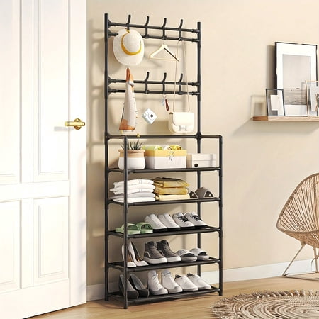 5-Tier Shoe Rack with 8 Hooks, All-in-One Entryway Organizer for Shoes & Gear