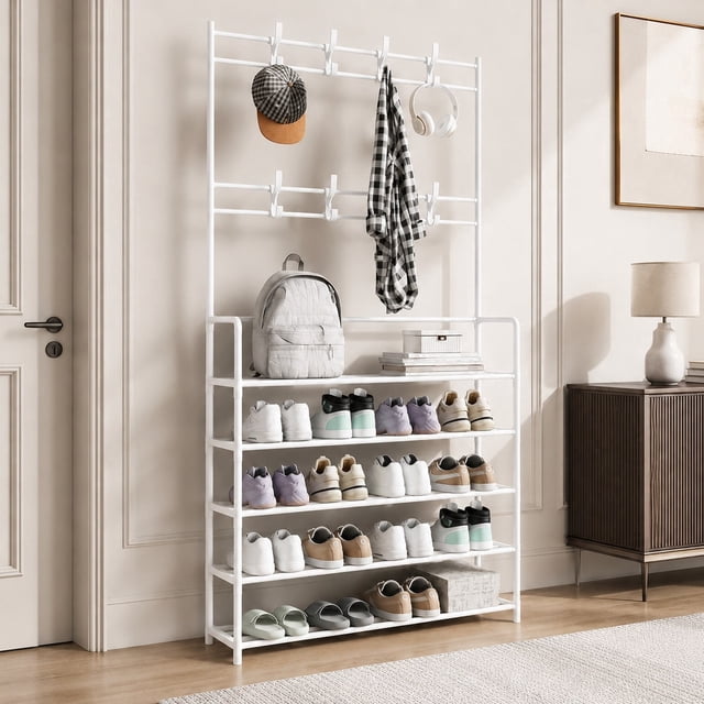 Shoe Rack Little 5-Tier Shoe Rack with 8 Removable Hooks, Large Capacity Shoe Storage ...