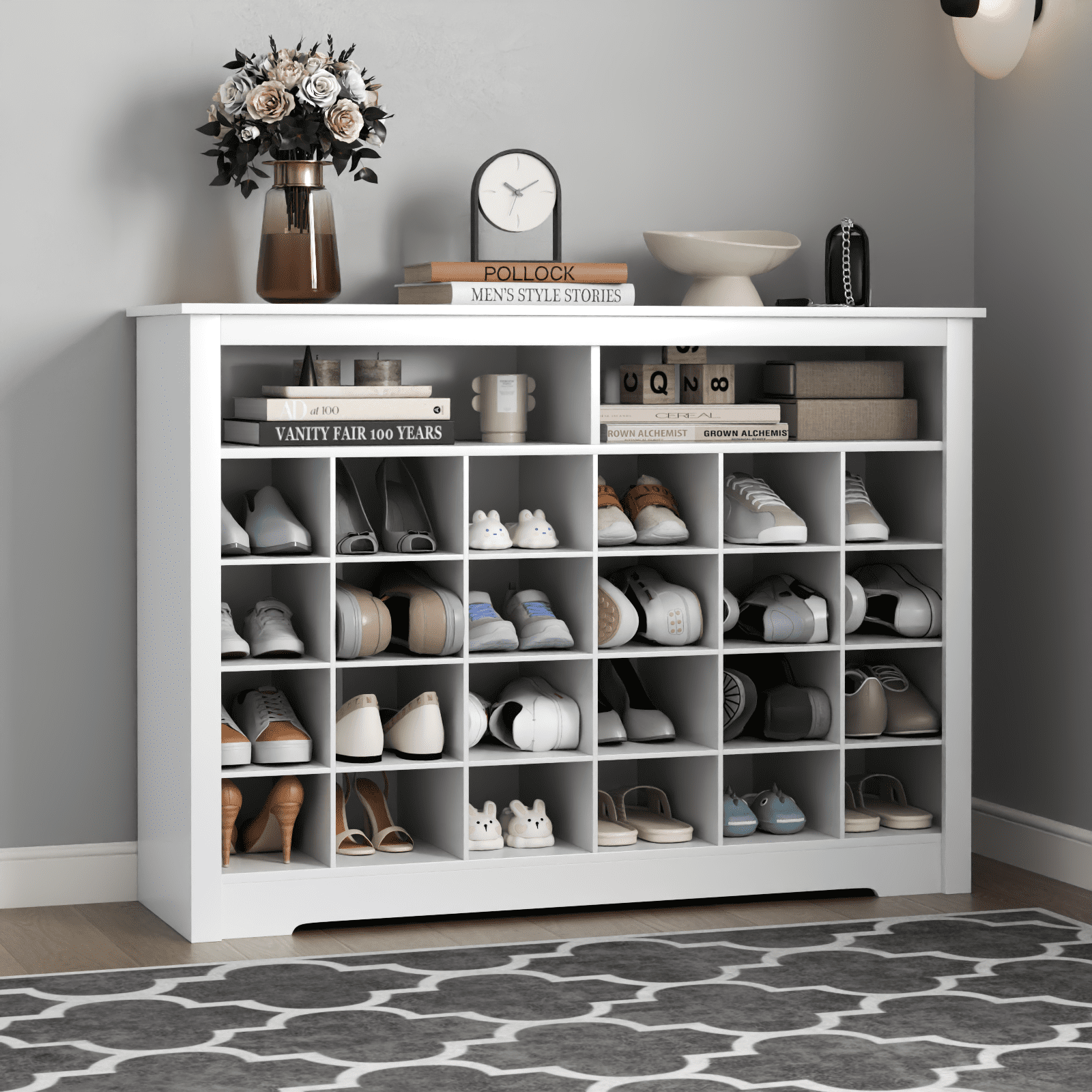 5-Tier Shoe Storage Cabinet, White Freestanding Shoe Rack with 26 Cubbies, Modern Wooden Shoe Organizer with 24 Pair Shoe for Entryway, Closet, Living Room, White