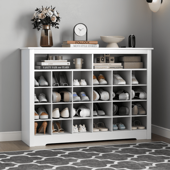 5-Tier Shoe Storage Cabinet, White Freestanding Shoe Rack with 26 Cubbies, Modern Wooden Shoe Organizer with 24 Pair Shoe for Entryway, Closet, Living Room, White