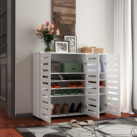 Pusnapku 5-Tier Shoe Cabinet, 44"Wood Entryway Storage Cabinet with 2 Louvered Doors,Adjustable Shelves, Narrow Shoe Organizer for Living Room,Hallway