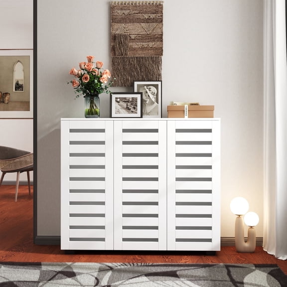 44"Shoe Storage Cabinet, 5-Tier Wood Entryway Storage Cabinet with 2 Louvered Doors, Adjustable Shelves, Narrow Shoe Organizer for Hallway,Living Room