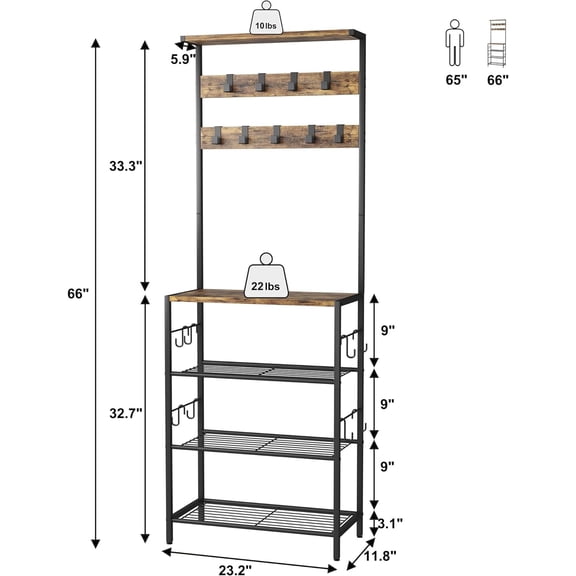 5-Tier Shoe and Coat Rack with 9 Clothes Hooks - Rustic Brown
