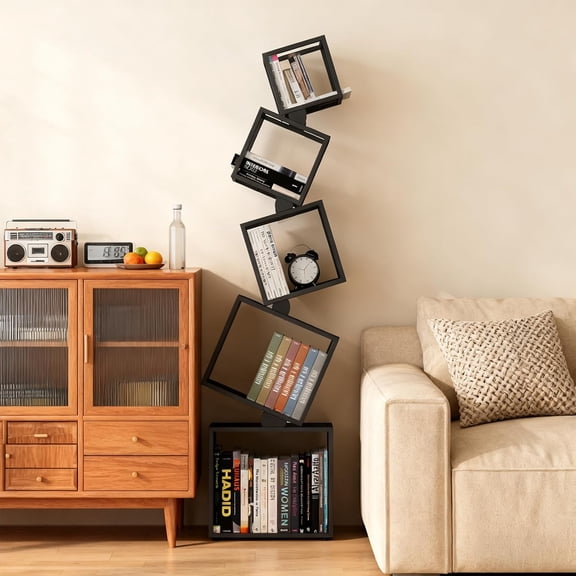 5-Tier Skinny Bookshelf with Geometric Design - Modern Metal Bookcase, Space-Saving Narrow Organizer for Living Room, Bedroom, Office, Corner - Black