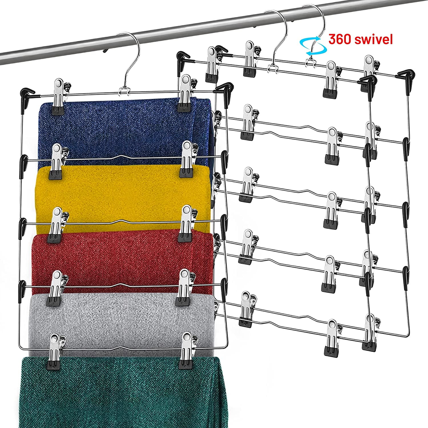ZOBER Space Saving 5 Tier Metal Skirt Hanger with Clips (3 Pack) Hang  5-on-1, Gain 70% More Space, Rubber Coated Hanger Clips, 360