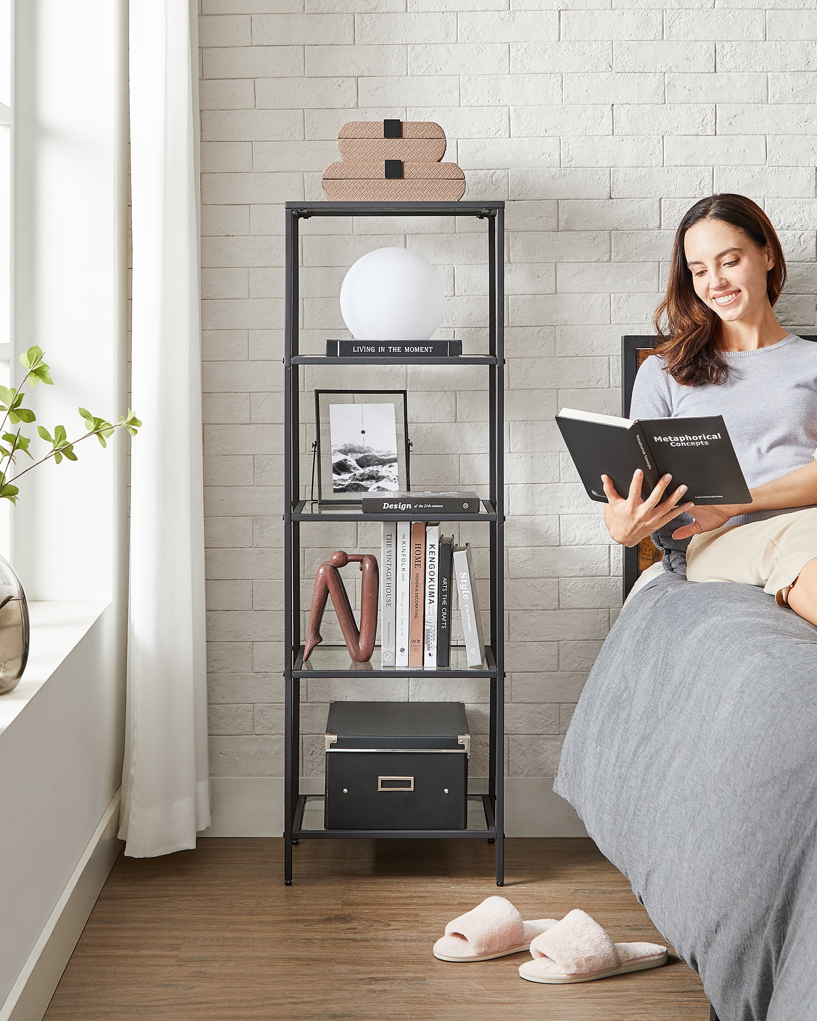 5-Tier Slim Bookshelf with Tempered Glass Shelves, Gold Steel Frame Narrow Shelving Unit, for Office Bathroom Bedroom, Ink Black