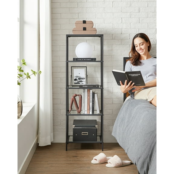5-Tier Slim Bookshelf with Tempered Glass Shelves, Gold Steel Frame Narrow Shelving Unit, for Office Bathroom Bedroom, Ink Black