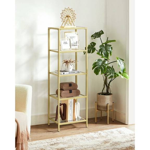 5-Tier Slim Bookshelf with Tempered Glass Shelves, Gold Steel Frame Narrow Shelving Unit, for Office Bathroom Bedroom, Metallic Gold