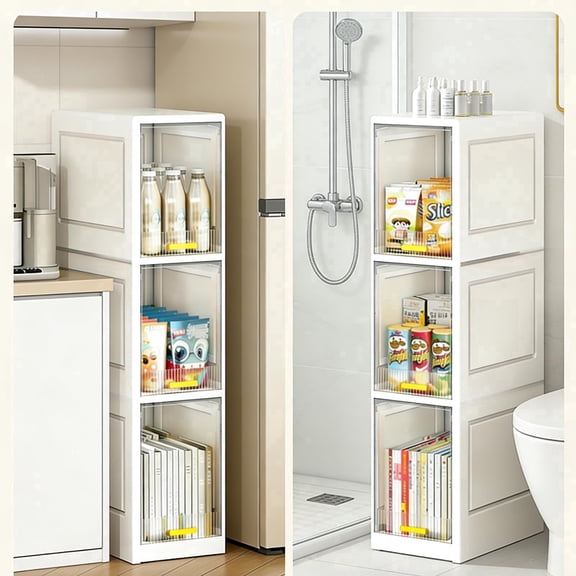 3-Tier Slim Narrow Storage Cabinet - Clear Door Organizer for Small Spaces, Bathroom & Closet(No Wheels)
