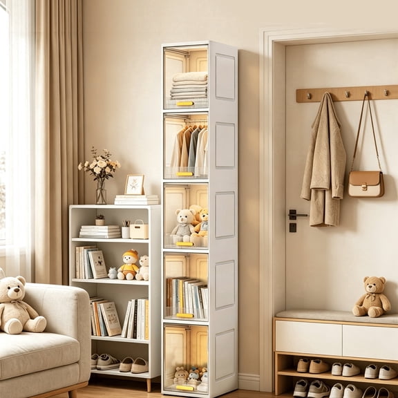 5-Tier Slim Narrow Storage Cabinet - Clear Door Organizer for Small Spaces, Bathroom & Closet(No Wheels)