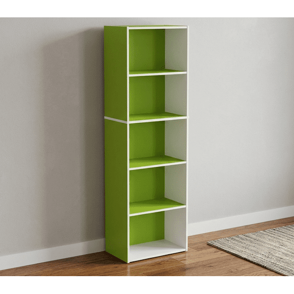 5-Tier Slim Open Shelf Storage Cabinet with Customizable Dividers, Vertical Bookcase and Organizer for Bedroom, Office, or Living Room, Light Green