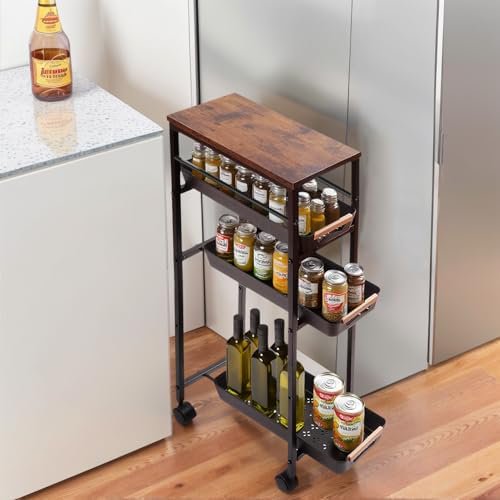 5 Tier Slim Rolling Storage Cart with Wood Top, Narrow Laundry Room Organizer for Tight Gaps, Metal Bathroom Gap Filler, Kitchen Pantry Trolley, Small Spaces (Black)