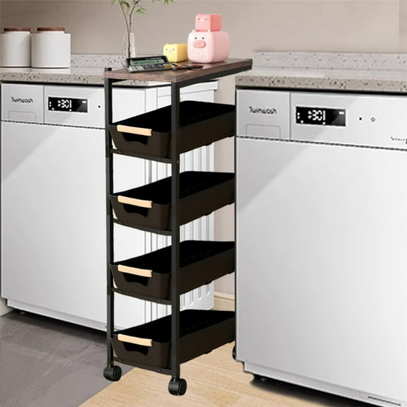 5 Tier Slim Rolling Storage Cart with Wood Top, Narrow Metal Utility Organizer Shelf with Handle & Wheels for Kitchen, Laundry, Bathroom, and Small Spaces
