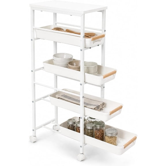 5-Tier Slim Rolling Storage Cart with Wooden Top, 8.1" Narrow Kitchen Cart with Pull-Out Baskets, Mobile Organizer for Bathroom Laundry Small Space