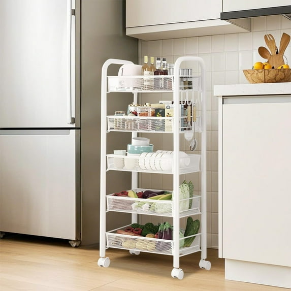 5 Tier Slim Storage Cart, Narrow Kitchen Rolling Cart on Wheels, Metal Utility Cart, Narrow Bathroom Storage Cabinet Mobile Shelf Unit Organizer