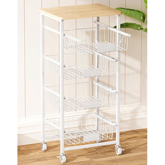 5-Tier Small Kitchen Storage Cart on Wheels with Pull-Out Drawers, Rolling Pantry and Snack Organizer Cart with Wood Top, Kitchen Floor Fruit Basket Stand for Fruit Potato Onion Veggie Snack