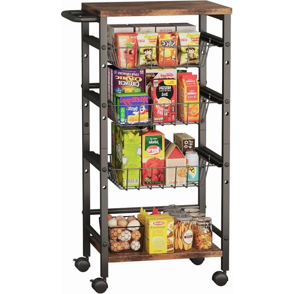 5-Tier Snack Organizer Cart with 3 Height Adjustable Pull-Out Baskets and 2 Storage Shelves, Utility Kitchen Organizer and Storage Cart with Convenient Handle for Fruit Potato Onion Vegetable Snack