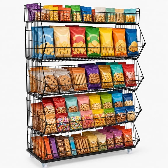 5 Tier Snack Rack Display Stand with Wheels, Rolling Retail Display Rack 35"x16.5"x55" Display Storage Rack with 360° Casters, 55lbs(25kg) Each Shelf for Retail Stores, Markets and Snack Display