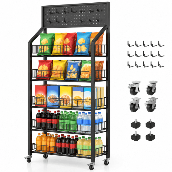 5 Tier Snack Rack Display Stand with Hooks & Wheels, 23.62x10.63x64.96in