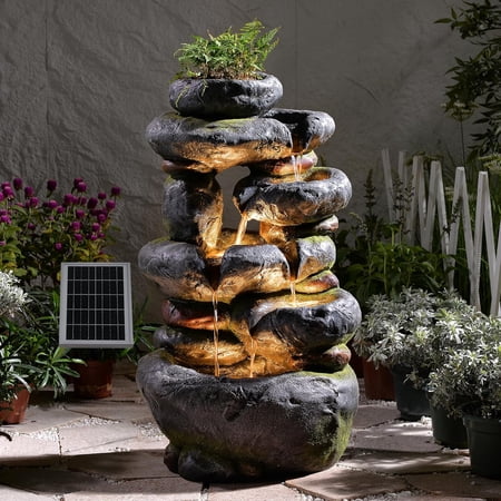 KAISOKU 5-Tier Solar Water Fountain Outdoor Garden Cascading Rock Feature, Gray Polyresin, 29.5"H