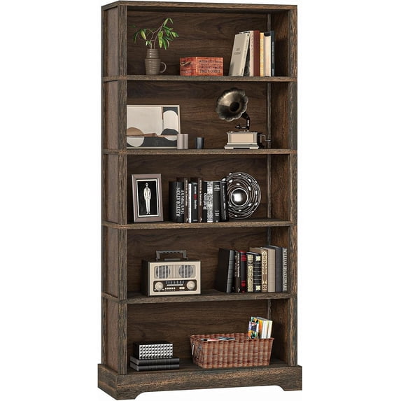 5-Tier Solid Wood Book Shelf, Floor Standing Bookcase, 65" H × 31.5" W × 11.8" D Bookshelf, Farmhouse Style Book Case with Arched Base, Suitable for Living Room, Study, Office