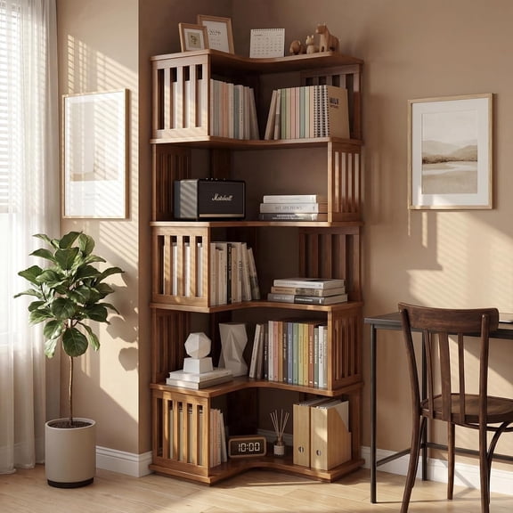 5 Tier Solid Wood Corner Bookshelf, 68" H L-Shaped Freestanding Rubberwood Bookcase with Side Frame Design, No MDF No Engineered Wood, Space-Saving Corner Shelf for Living Room Bedroom Home Office