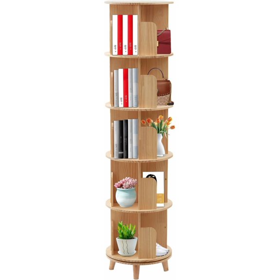 5 Tier Solid Wood Rotating Bookshelf, 360 Display Floor Standing Bookcase Storage Rack Round Portable Spinning Bookshelf for Bedroom Living Room Home Office (5 Tiers)