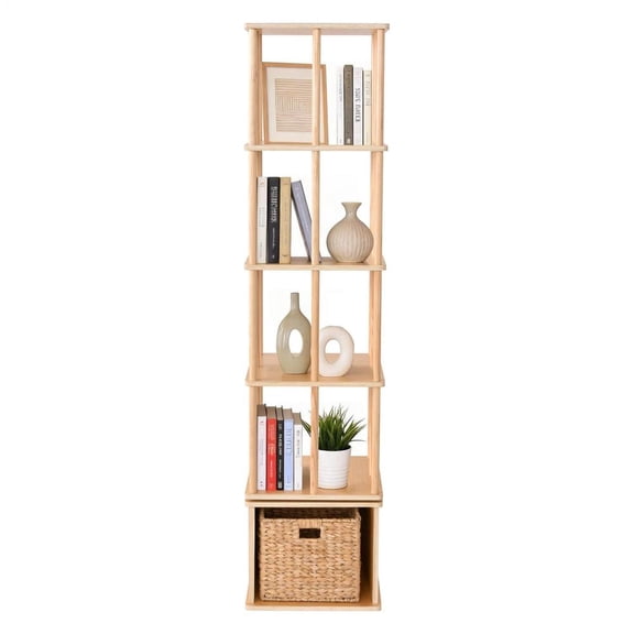 5 Tier Solid Wood Rotating Bookshelf, 360 Revolving Bookcase Organizer, Compact Freestanding Revolving Shelf Organizer for Home Office Corner Spaces