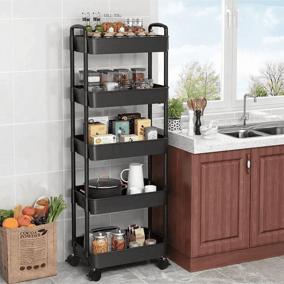 5 Tier Space Saving Plastic Bathroom Storage Cart With Handle And Wheels For Easy Mobility. Perfect For Storing Small Items At Home, Suitable For Bedroom, Bathroom, Kitchen, Washroom, Etc.